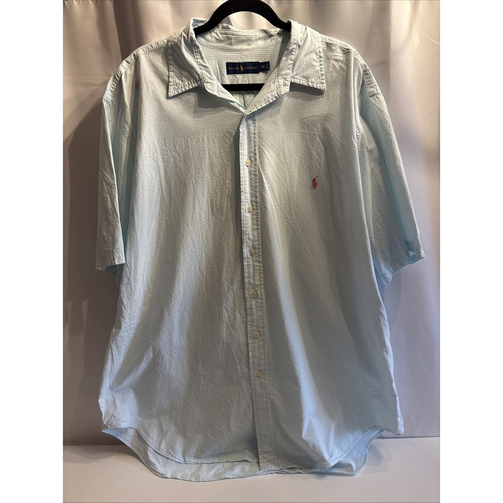 Ralph Lauren Polo Seersucker Shirt Men's 2XL T Light Blue Striped Short Sleeve